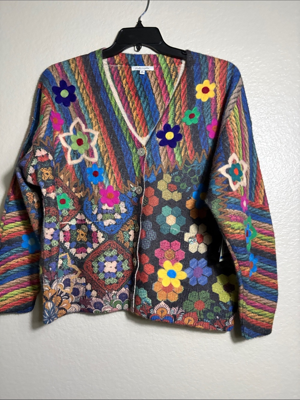 John Mark Multicolor Floral Patchwork V-Neck Jacket